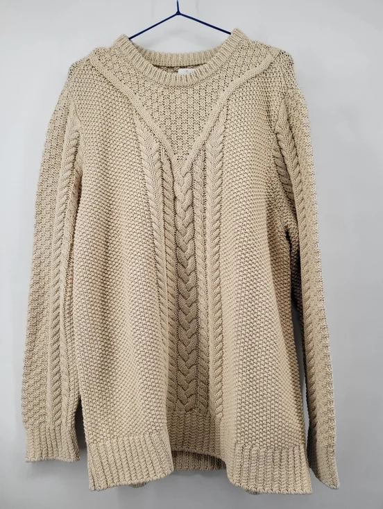 L.L. Bean Women's Cotton Fisherman Cable Knit Crewneck Sweater in Beige Size XL - Picture 2 of 7